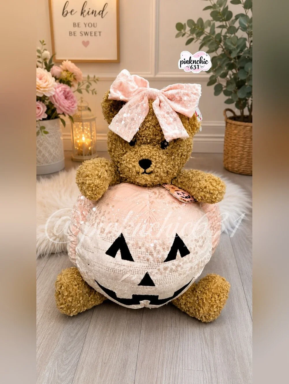 Large Pink Teddy Bear Jack-o'-lantern Halloween Pumpkin Coquette Bow Sequins